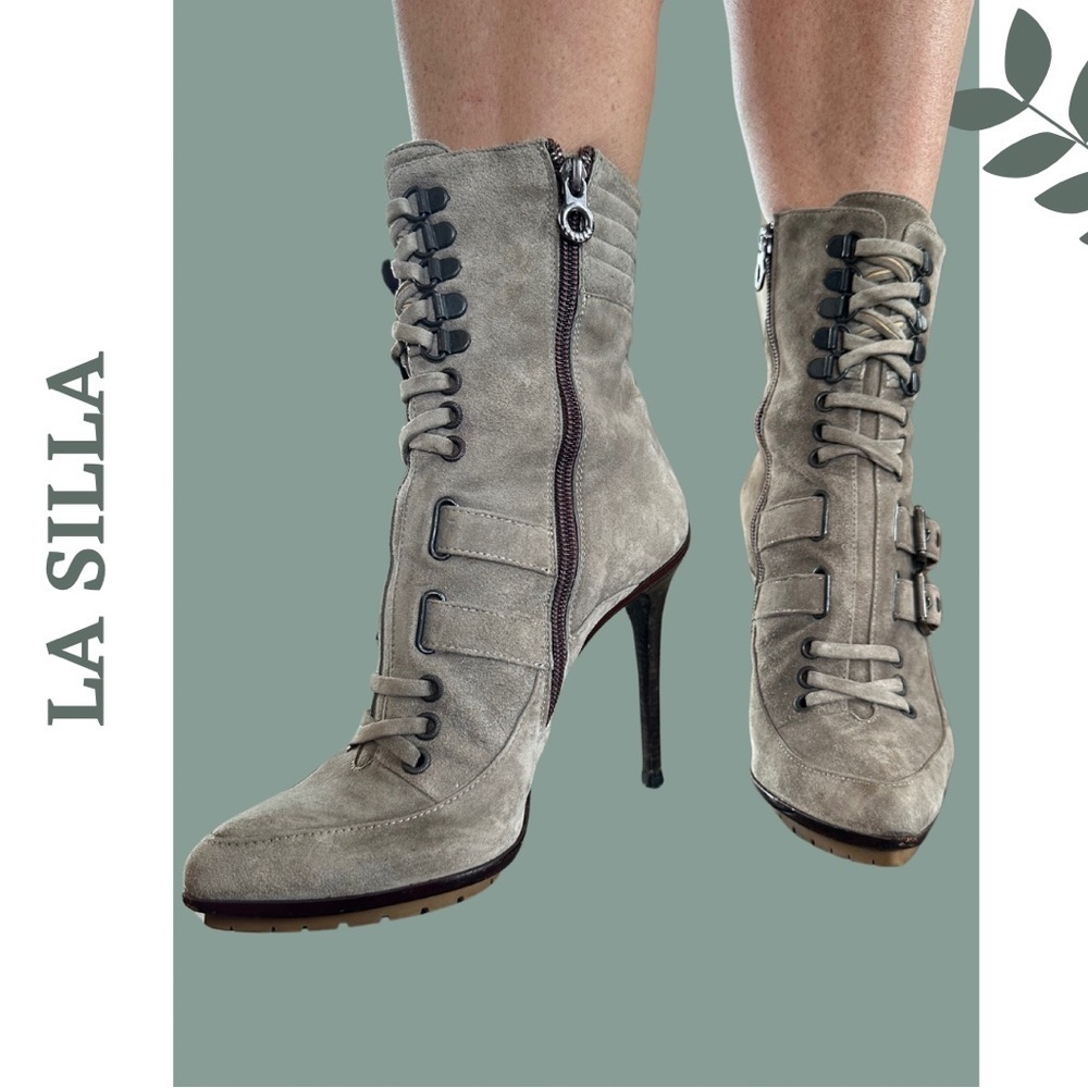 Enio Silla For Le Silla Grey Suede Platform Ankle Boots Stilletto Buckle Size 7 - Picture 4 of 11